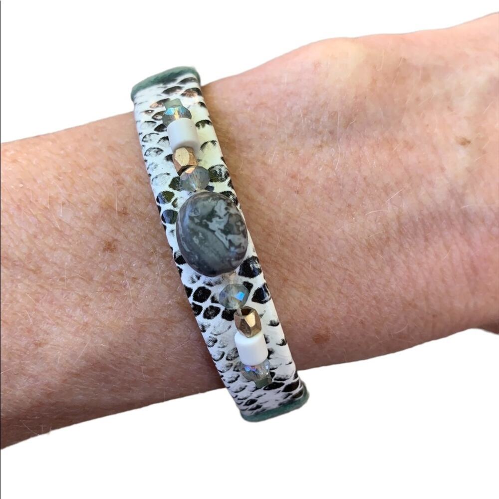 Leather Python print beaded cuff bracelet